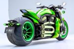 Motocicleta Muscle Custom Inspirada en Harley-Davidson V-Rod: Diseño Verde Personalizado, Potencia Agresiva y Estilo Único para Amantes del Custom