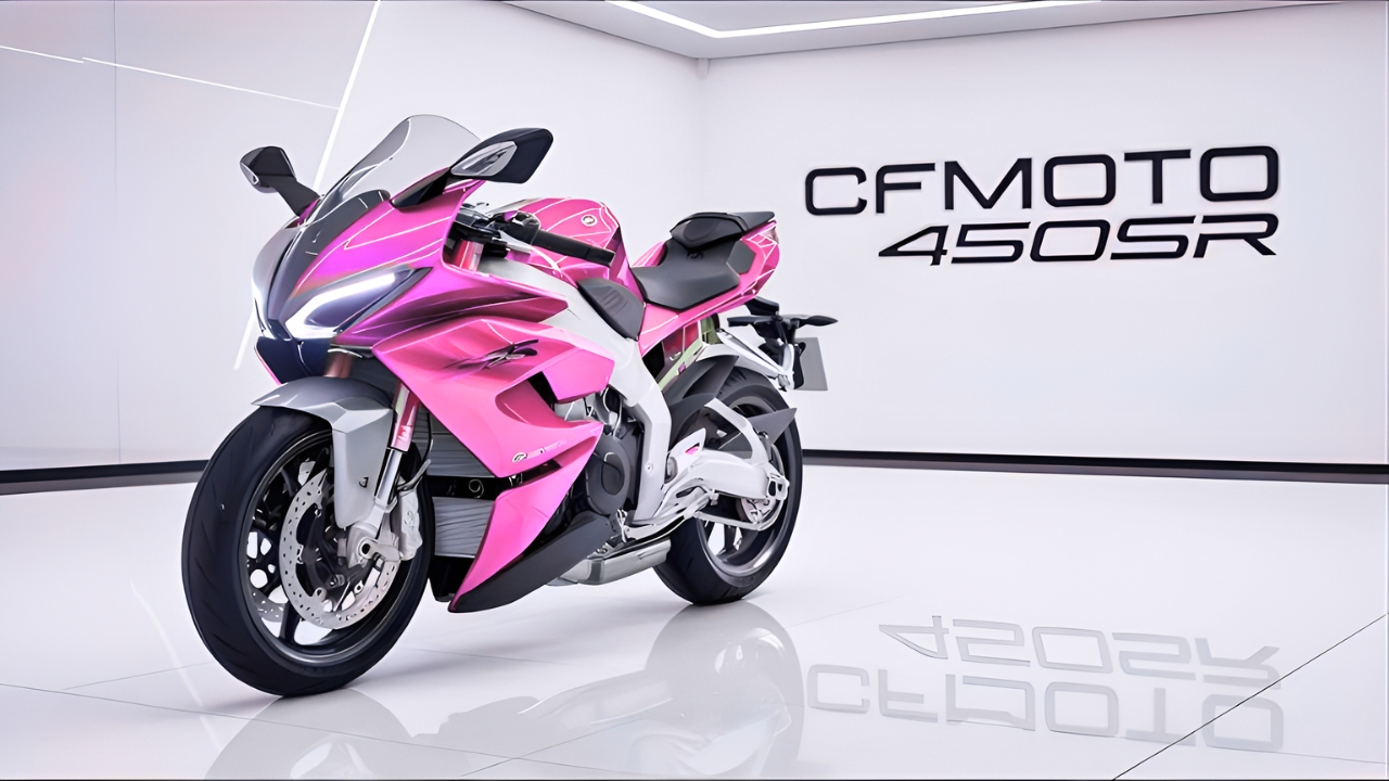CFMOTO 450SR: moto deportiva con diseño rosa y blanco, motor ágil y estilo llamativo